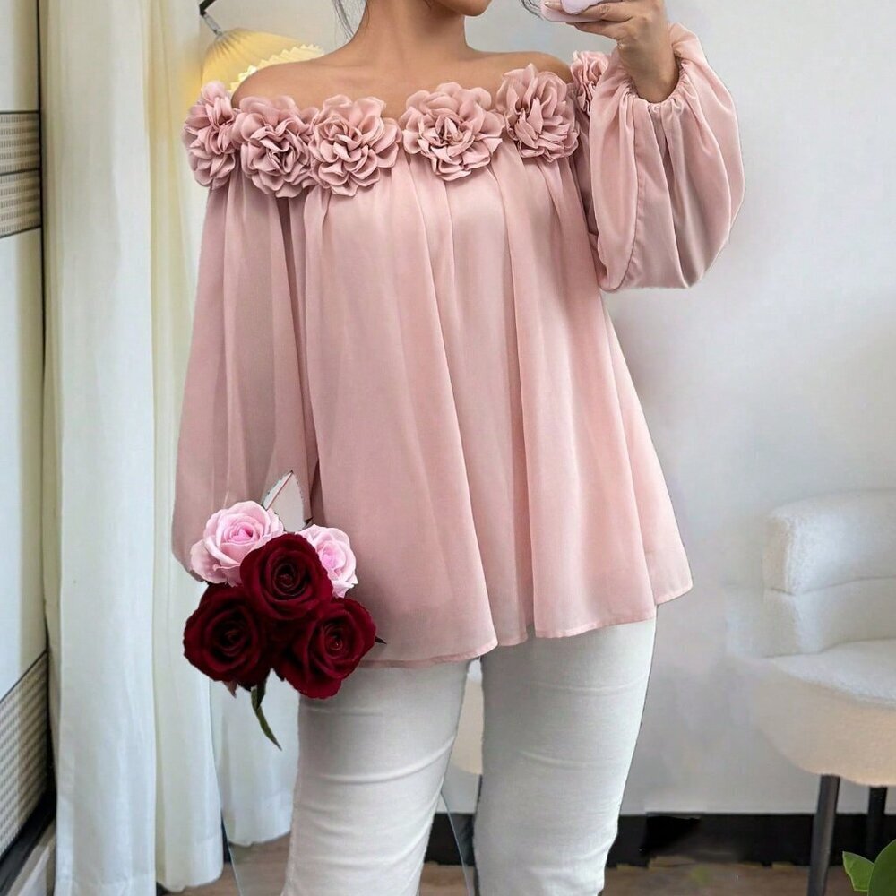Pink Casual Elegant Women's Off Shoulder Chiffon Blouse